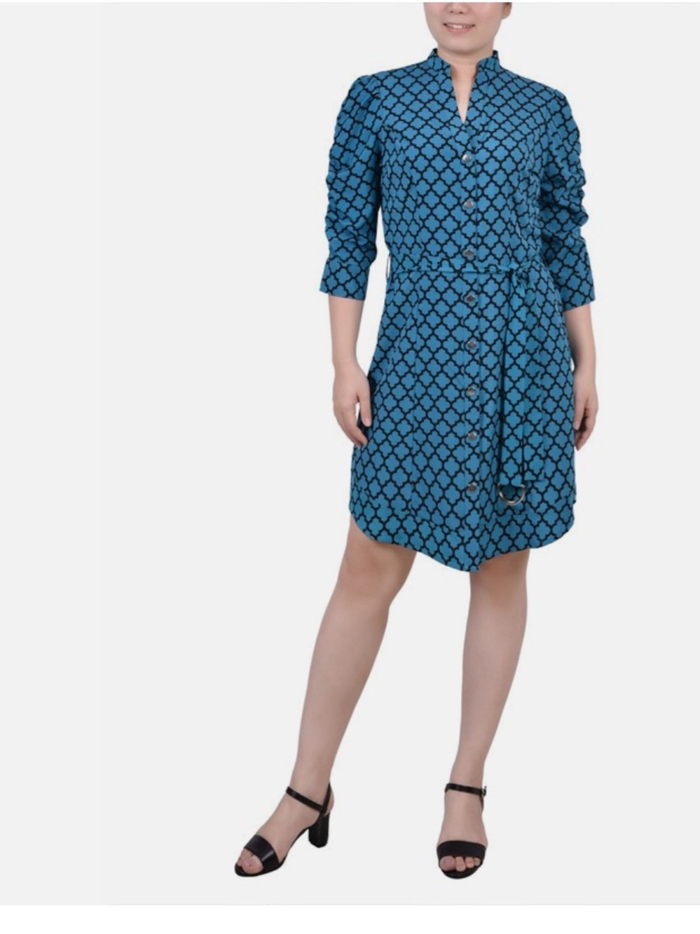 NY Collection Turquoise Blue Patterned Midi Dress with Tie Waist